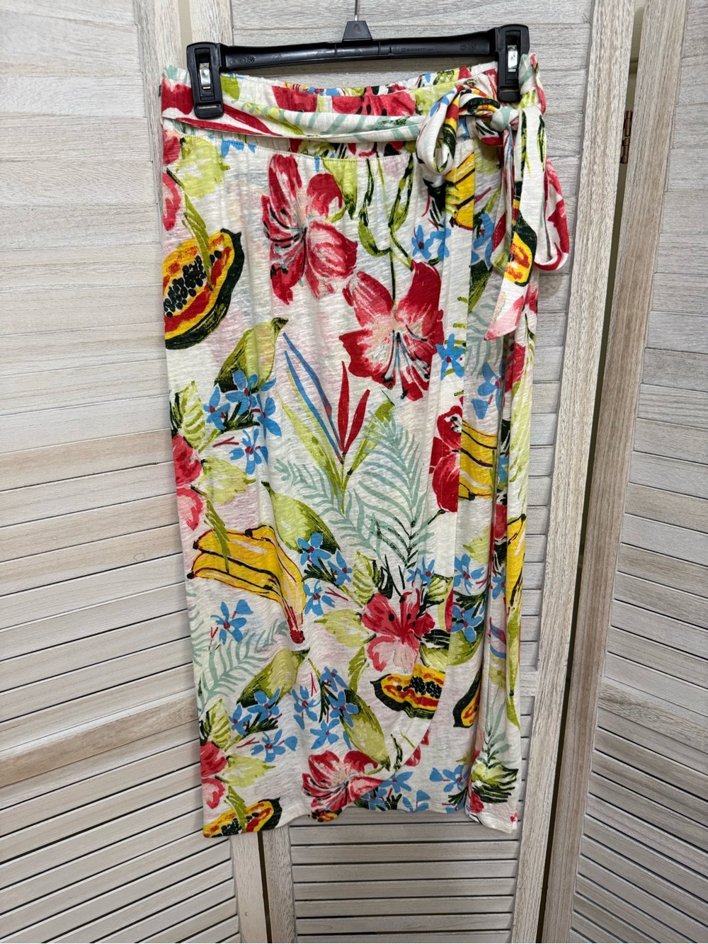 C&C California Tropical Floral Wrap Midi Skirt - Cream, Red, Yellow, Blue, Green
